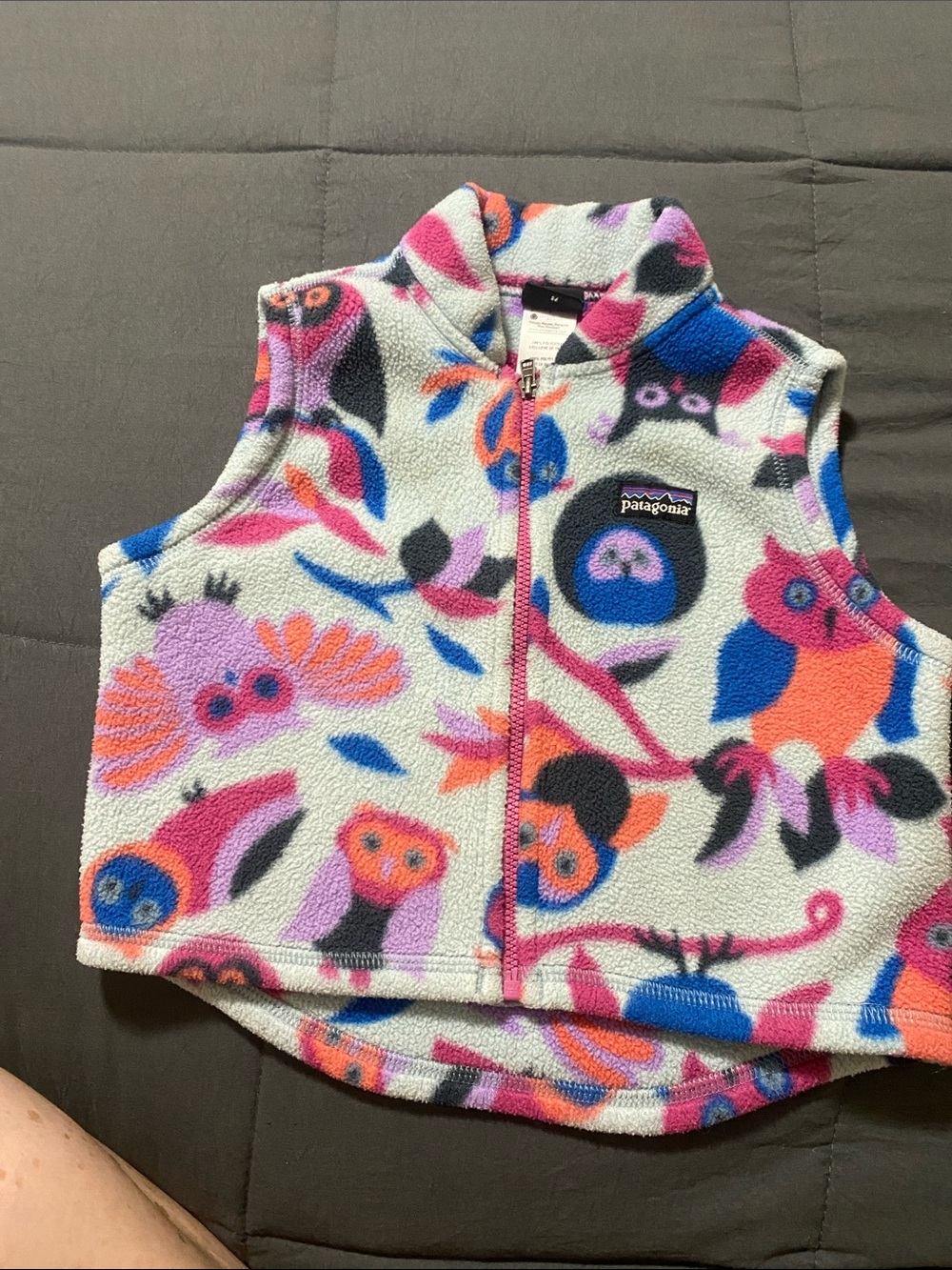 Patagonia Kids Owl Print Fleece Vest — Pink Blue Orange Accents